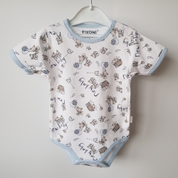 Fixoni 60386 Body Krótki Rękaw Kąpiel Druk New Baby Misie - Biało Niebieskie - Rozmiar 68