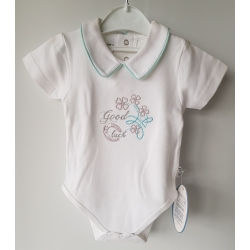 Gluck Fashion B 09-10 "Chrzest" Body Z Kołnierzykiem Krótki Rękaw Biały Z Niebieskim - Rozmiar 56 - 86