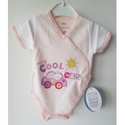 Gluck Fashion B 04-05 "Auto Z Zającem" Body Rozpinane Krótki Rękaw Różowo-Białe - Rozmiar 62